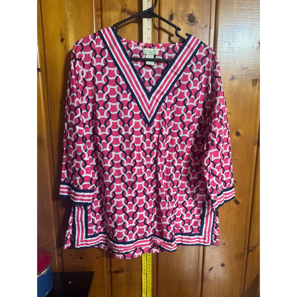 Caribbean Joe Pink Navy Blue Geometric Cotton Tunic Top XL